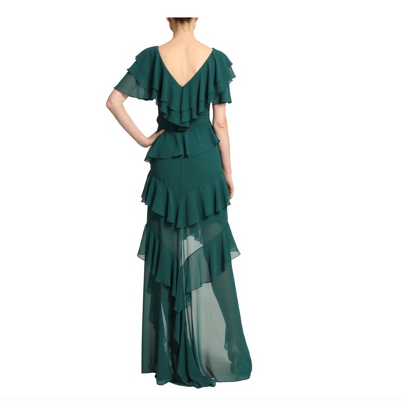 Badgley Mischka Georgette Cascading Emerald Ruffle Gown, High-low Hem, Size 10 - Picture 9 of 11